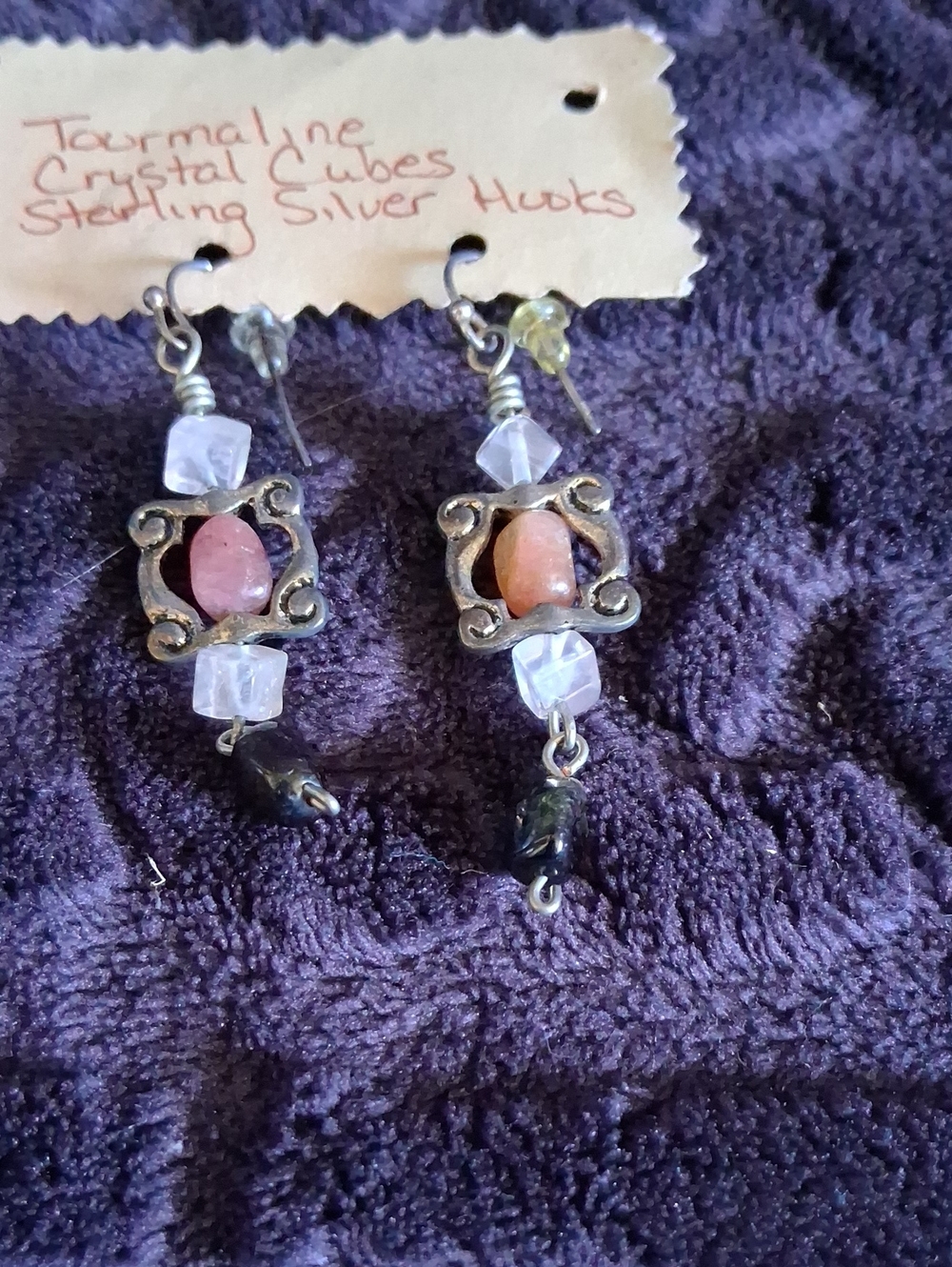 Sterling Silver Tourmaline and Crystal Cube Drop Earrings - Pink and Clear